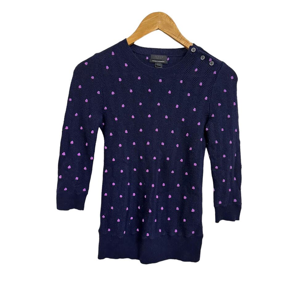 J Crew Italian Cashmere‎ Navy Purple Dots Pullover Sweater Size XXS